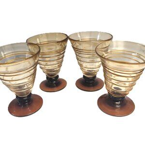 VTG Amber Swirl Cordial Glasses Set of 4 Mid Century Optic Ribbed Barware Boho